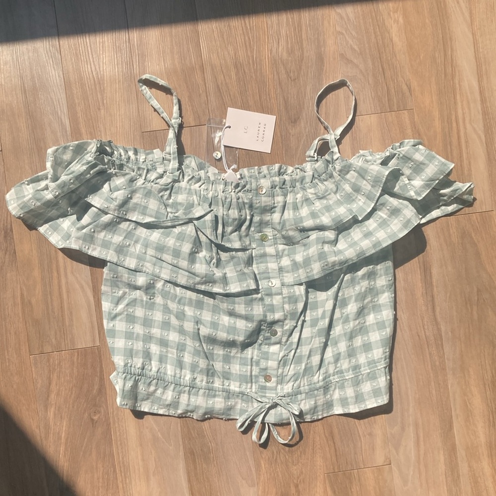 LC Lauren Conrad off the shoulder textured check w ruffle top L - Picture 11 of 16